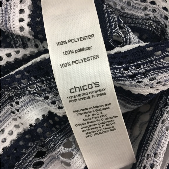 Chicos Size 2 (L/12) Navy White Striped 3/4 Sleeve Cutout Top Shirt - Picture 7 of 9